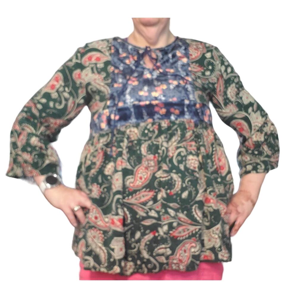 Weekend By Suzanne Betro Plus 2X (1X) Velvet Bodice Paisley Boho Renaissance Top